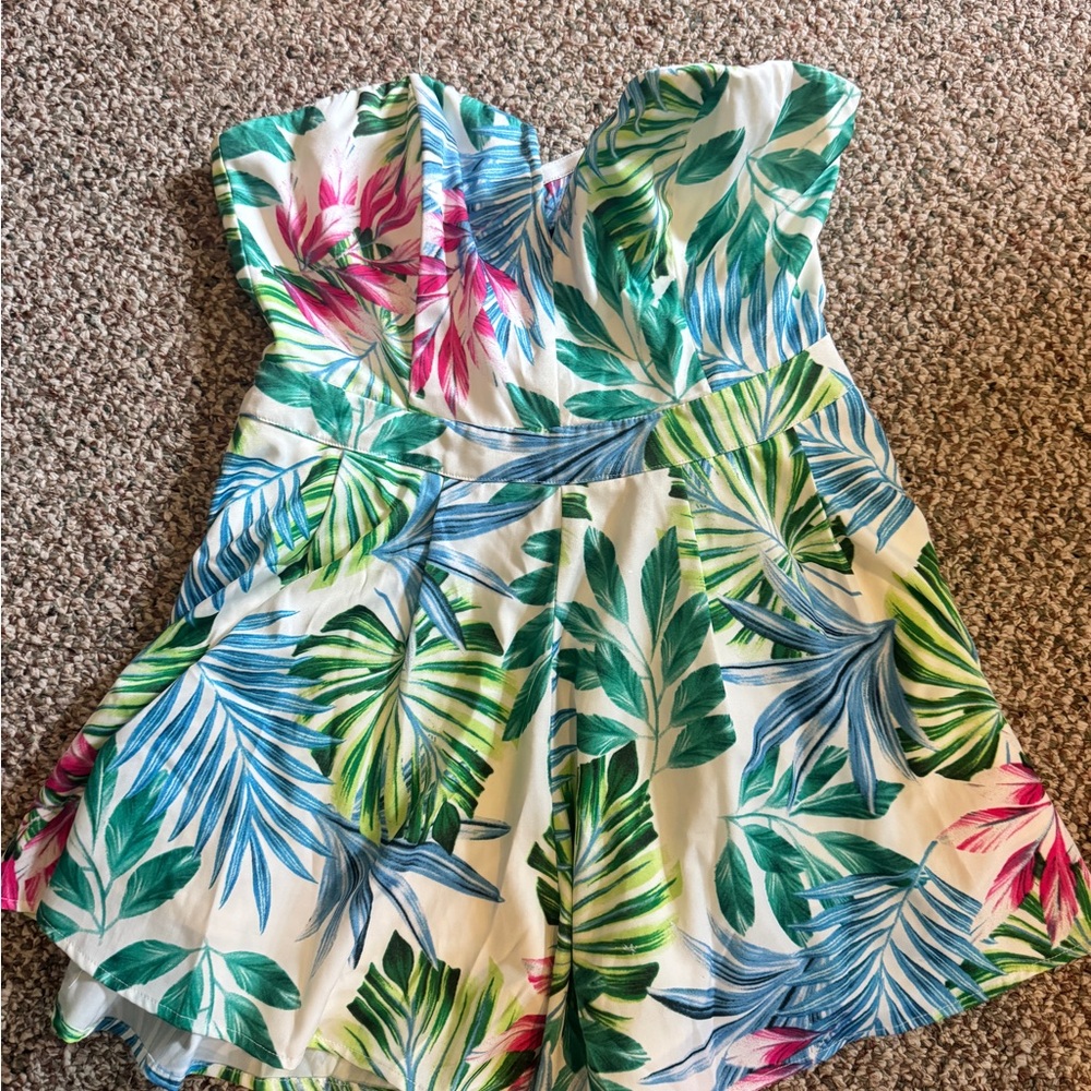 Tropical Leaf Print Strapless Romper